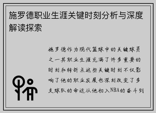 施罗德职业生涯关键时刻分析与深度解读探索